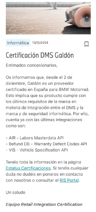 Certificación del DMS de Galdón Software por BMW Motorrad