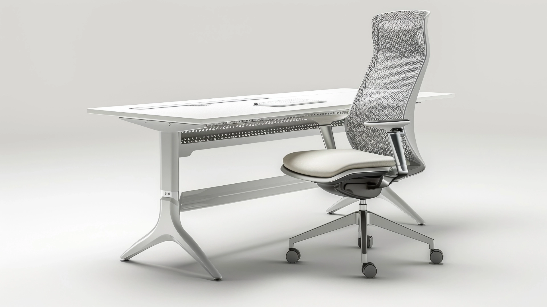 Silla ergonómica con soporte lumbar y mesa ajustable en un entorno de trabajo